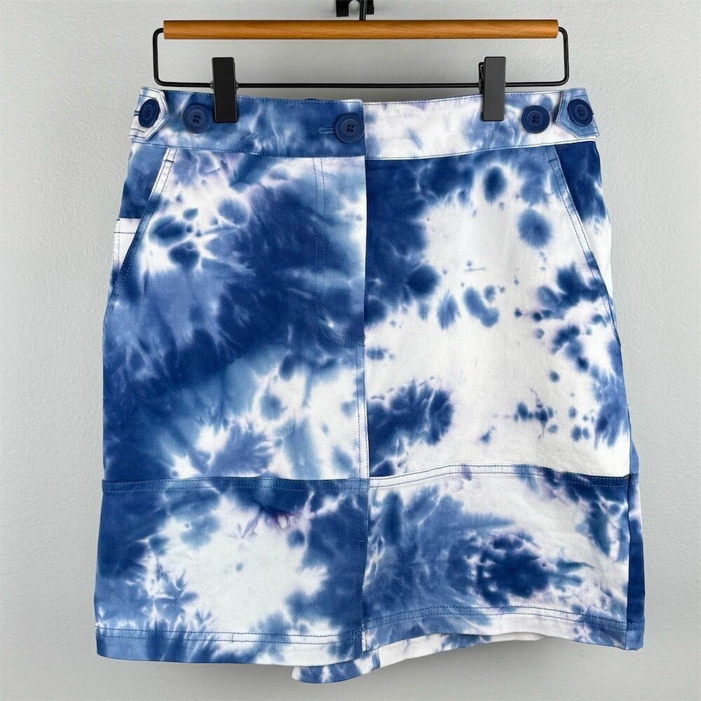 Wildfang Work Skirt Womens Blue White Tie-Dye Mini Pockets Stretch